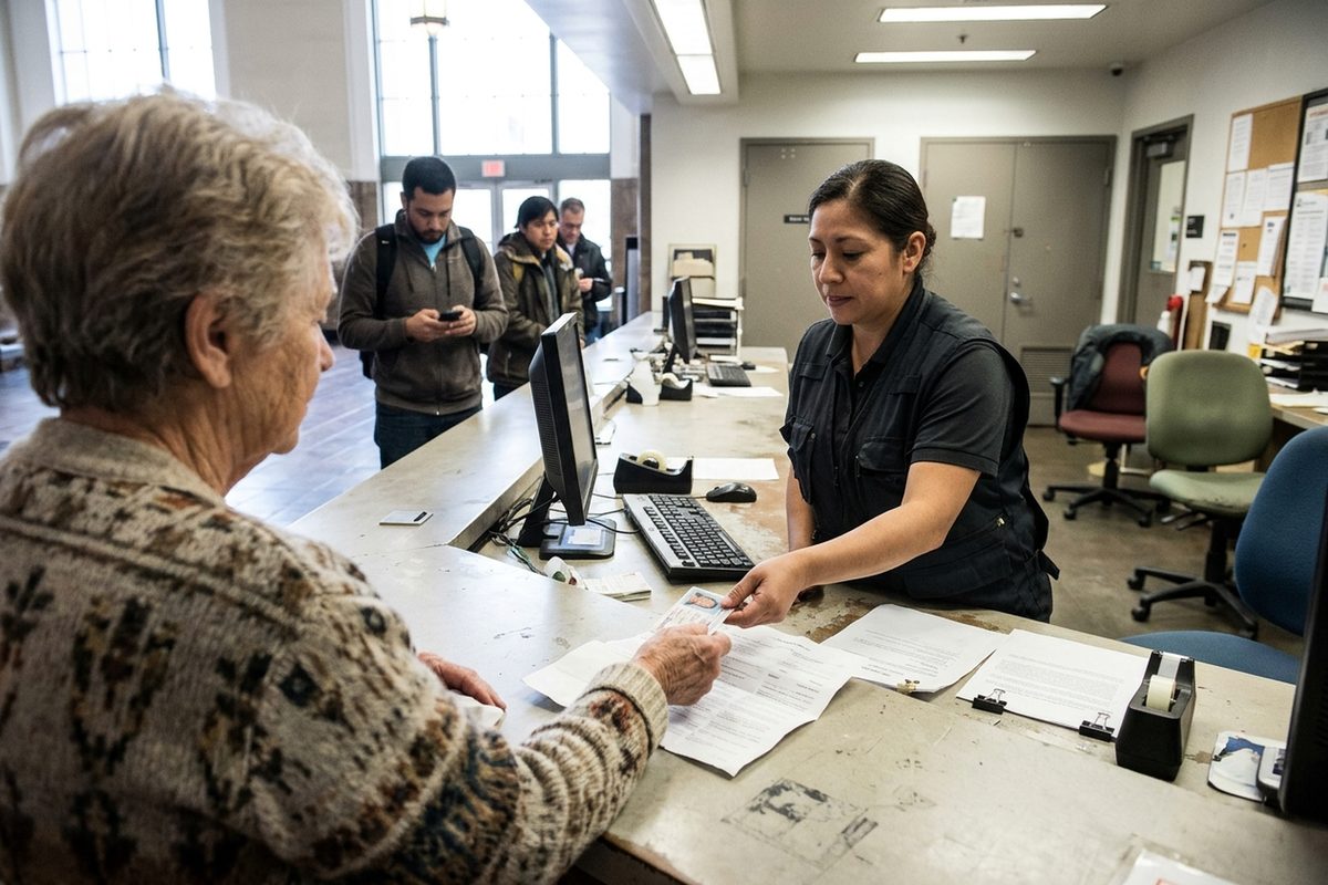 An older rider at a Metro Customer Center counter in Union Station passes an ID across to a clerk to apply for a Reduced Fare TAP card.