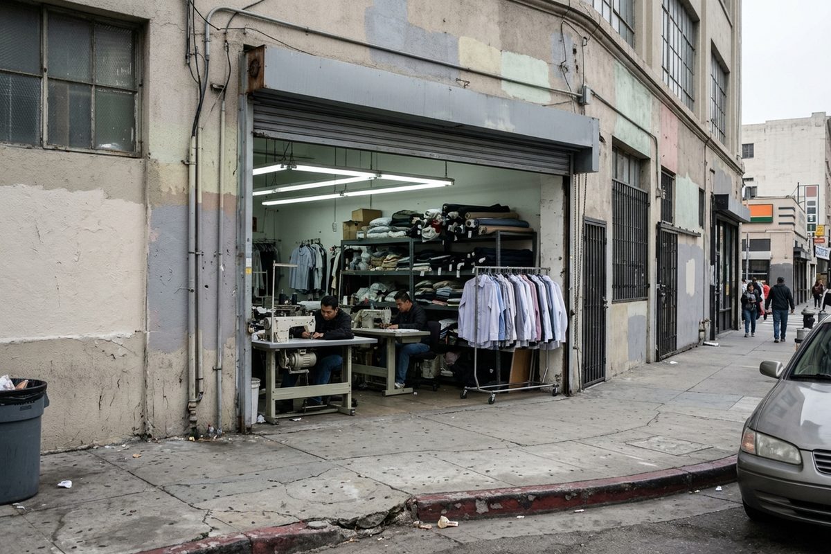 A small ground-floor sewing workshop in downtown Los Angeles seen from the curb, roll-up door open, workers at machines inside, on an overcast morning.