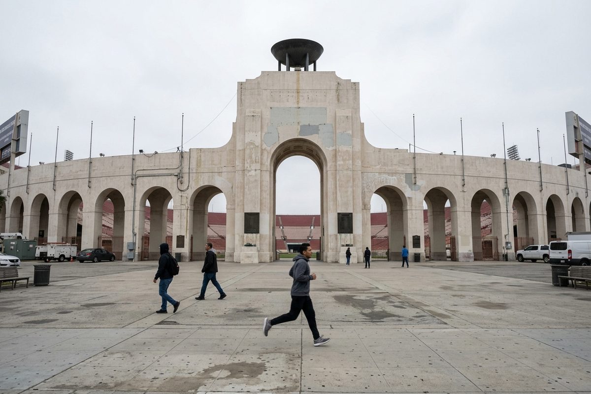 The arched peristyle of the Los Angeles Memorial Coliseum with its Olympic cauldron on top, people walking past in Exposition Park.