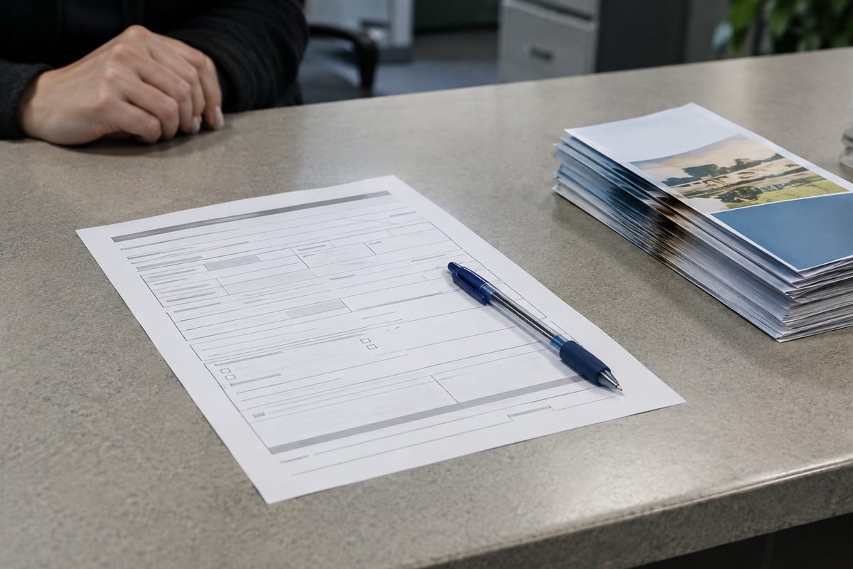 Close-up of a paper assistance request form and pen on a counter under fluorescent light.