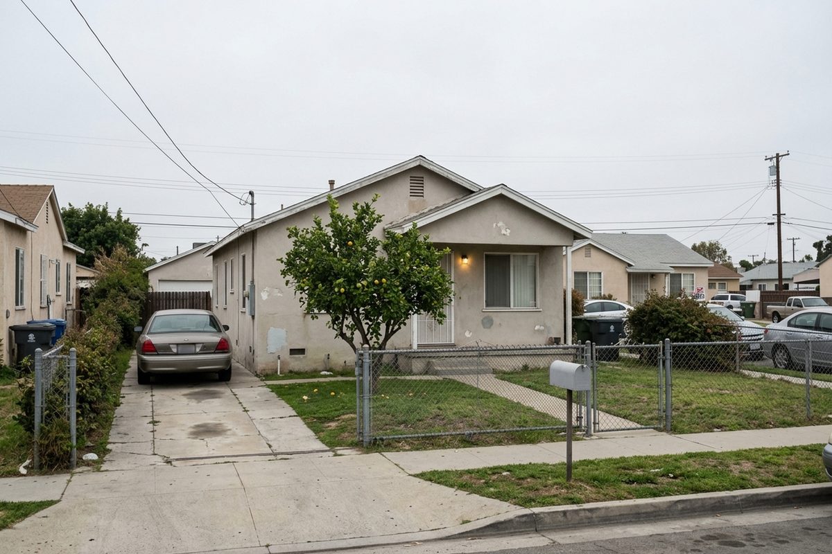 Photo illustration: The front of a modest single-story stucco house on an ordinary residential street in Los Angeles County, seen from the sidewalk across the street on an overcast weekday morning: a short concrete driveway, a small front lawn with a lemon tree, a low chain-link gate, and a plain metal mailbox on a post at the curb where the county's mail arrives, the porch light still on and a car parked in the driveway, neighboring houses of the same era trailing off to either side under flat gray sky; no people, and no text, prices or logos anywhere in the picture.