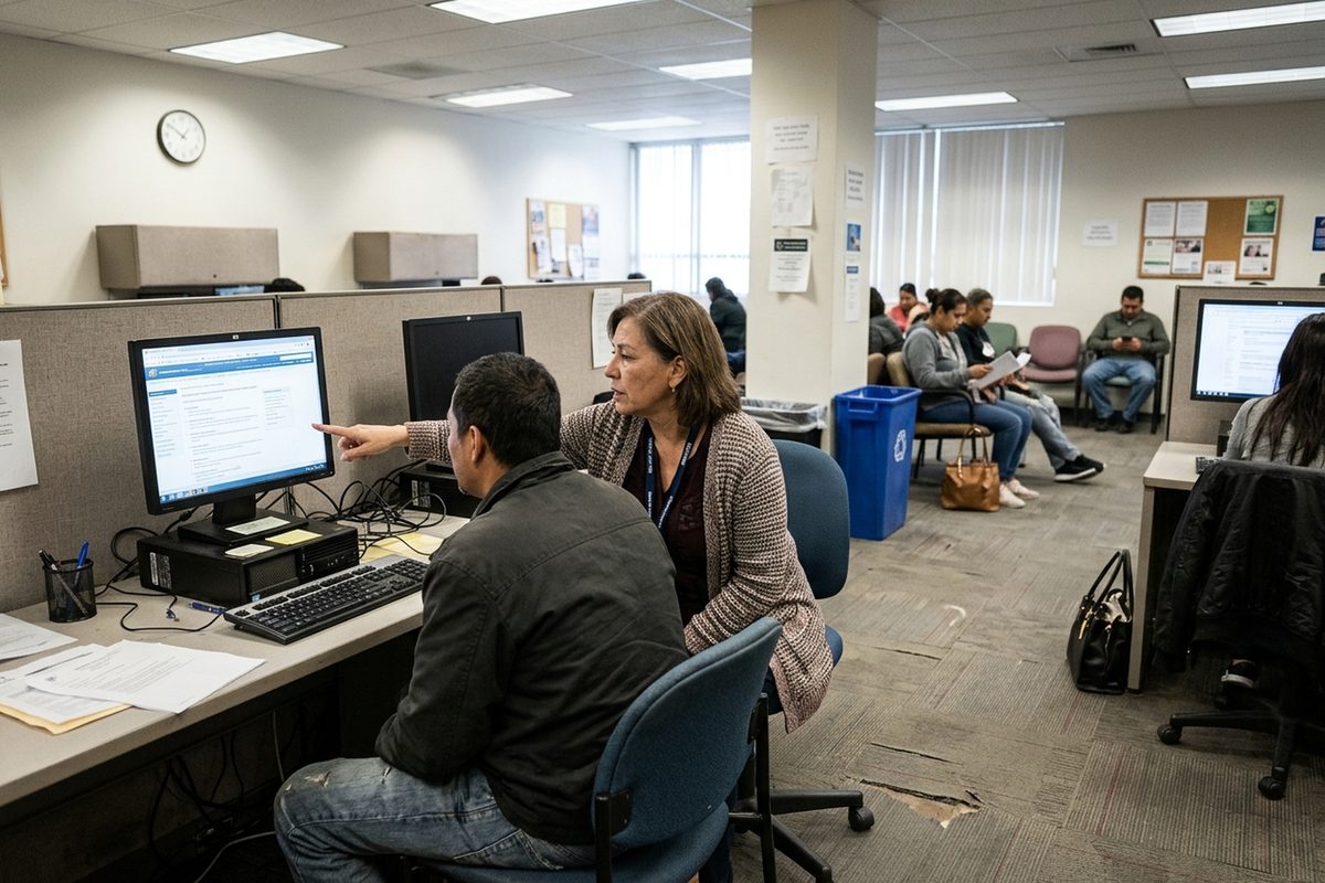 Over-the-shoulder view of a person at a computer in a Los Angeles job center office under fluorescent lights, working through an online unemployment application.
