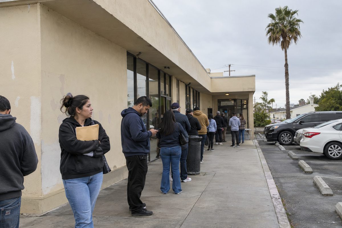 The front of a low California DMV field office building on a Los Angeles commercial street under a gray morning sky, with a few people walking toward the entrance.