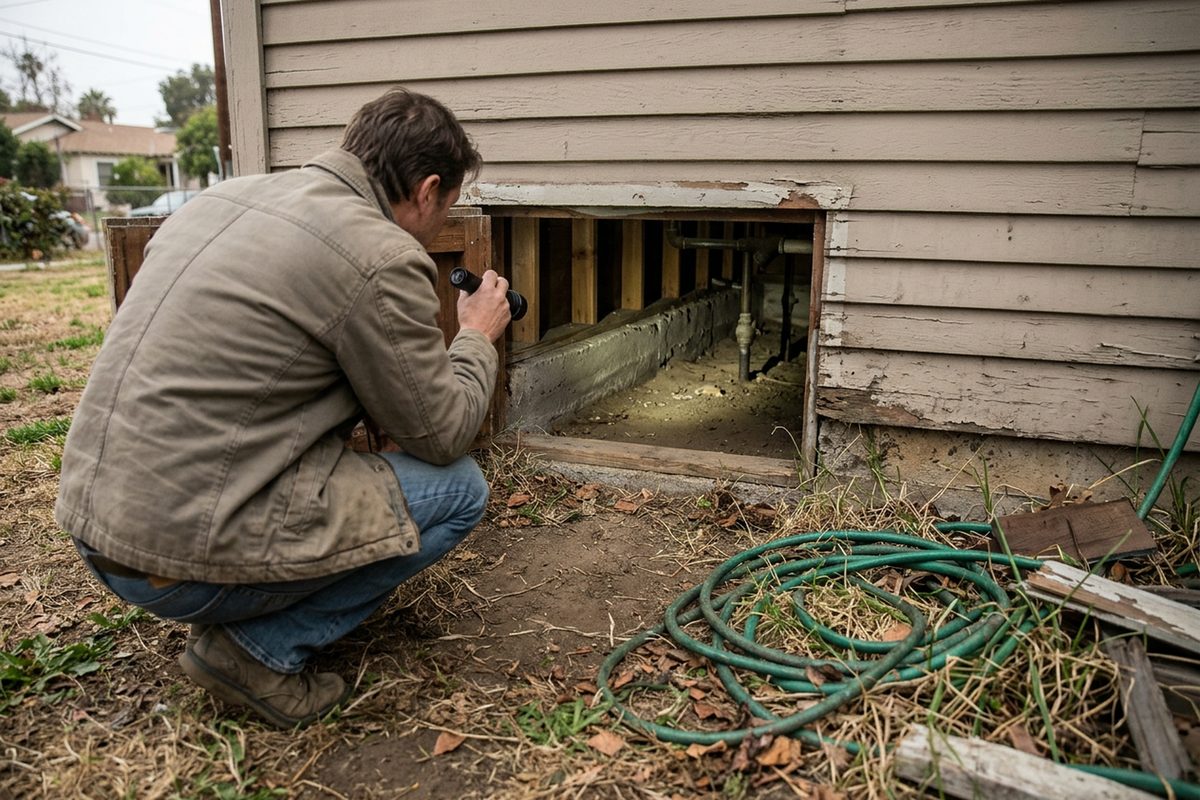 Over-the-shoulder view of a homeowner shining a flashlight through a crawl-space opening at the short wood cripple wall and concrete foundation of an older raised-foundation house.