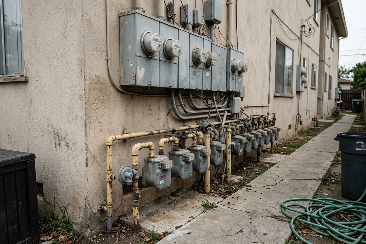 A row of gas meters with yellow pipes beneath electric meters on the stucco wall of an apartment building in El Monte, on an overcast morning.