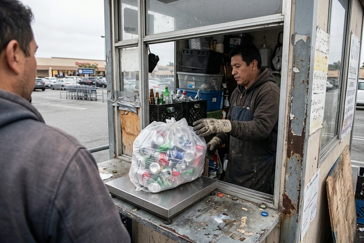 Over-the-shoulder view of a person handing a sorted bag of empty aluminum cans to an attendant at a CRV recycling center scale in Los Angeles.