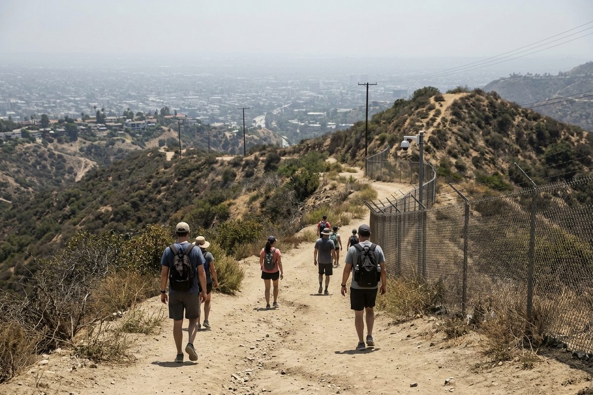 Hikers walk a dirt trail on a dry Griffith Park ridge near the fenced approach to the Hollywood Sign, with Los Angeles hazy below.