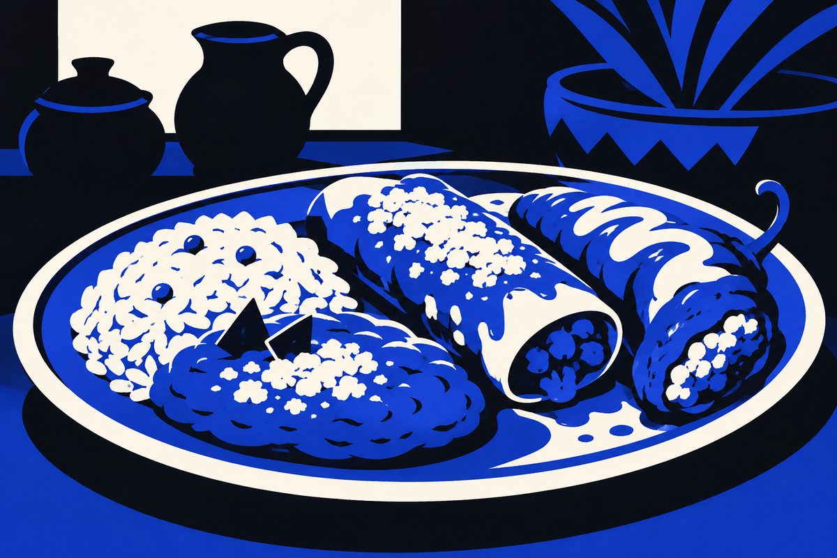 Illustration: A three-quarter view of a Mexican combination plate with rice, refried beans, a rolled enchilada and a stuffed chile on a heavy oval platter, lit from behind in a dark room. Editorial illustration, no text in the image.