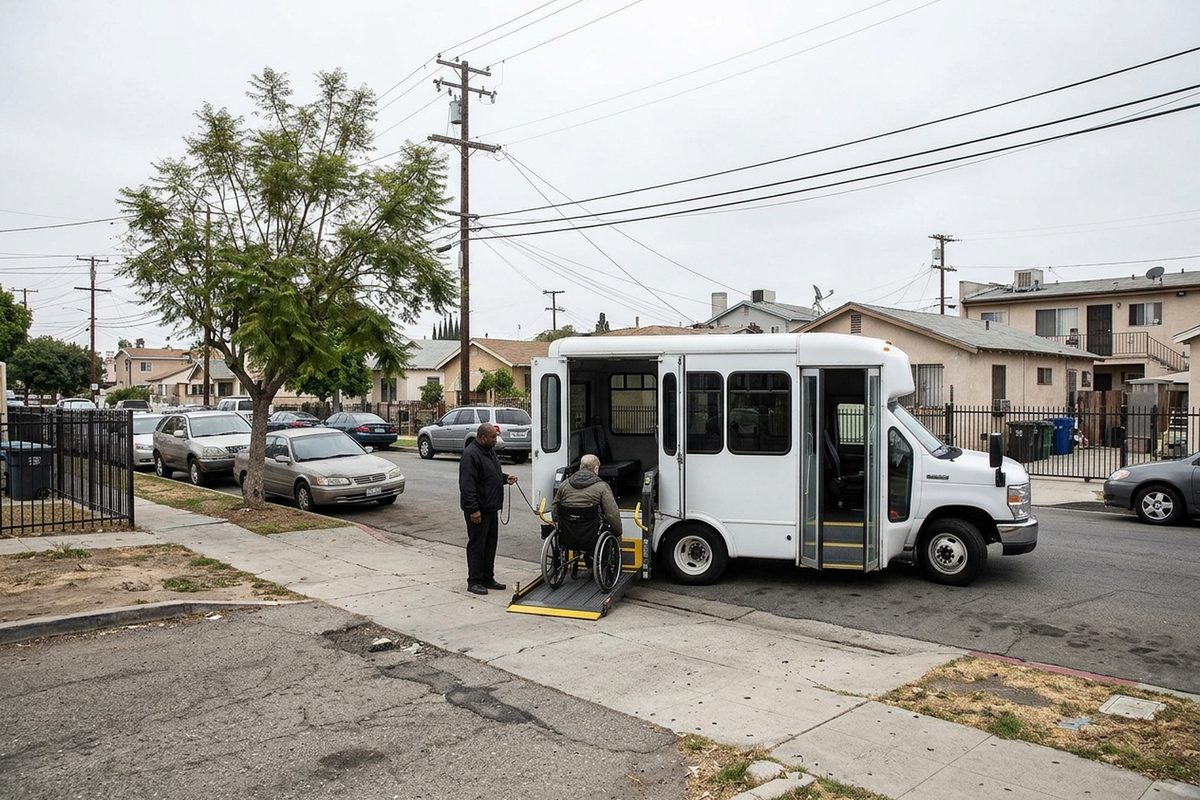 A person using a wheelchair rides the lift into a white Access paratransit-style minibus at the curb of a residential street in Los Angeles on an overcast morning
