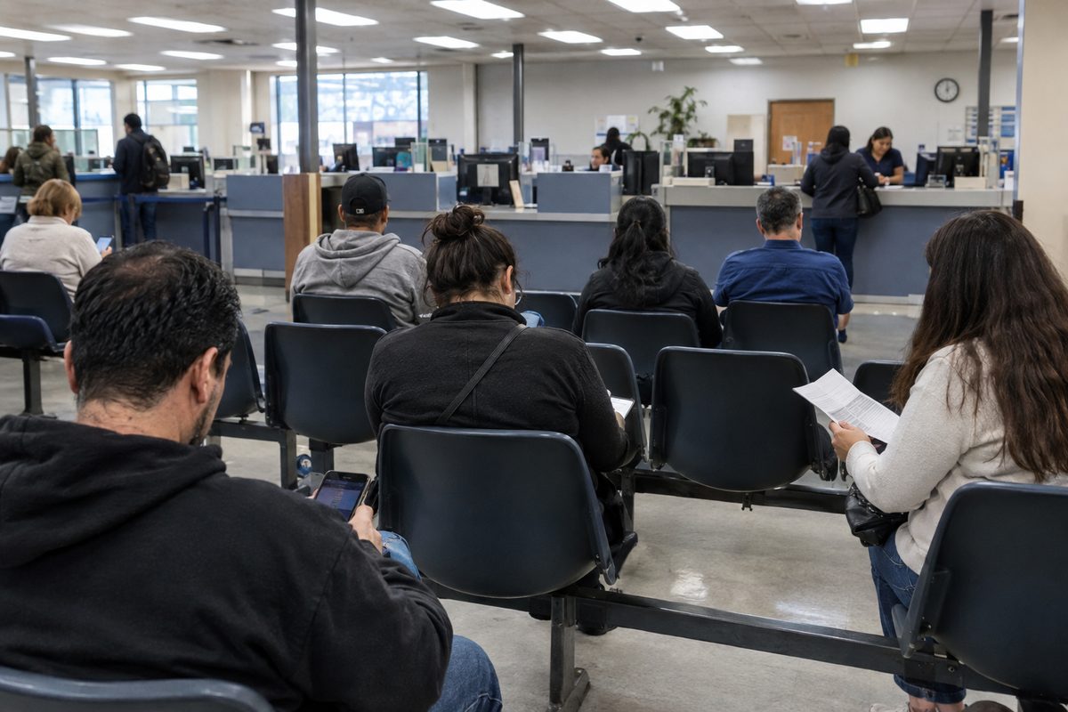 Rows of people sitting in a California DMV field office waiting area, seen from the back of the room, with service counters ahead under fluorescent light.