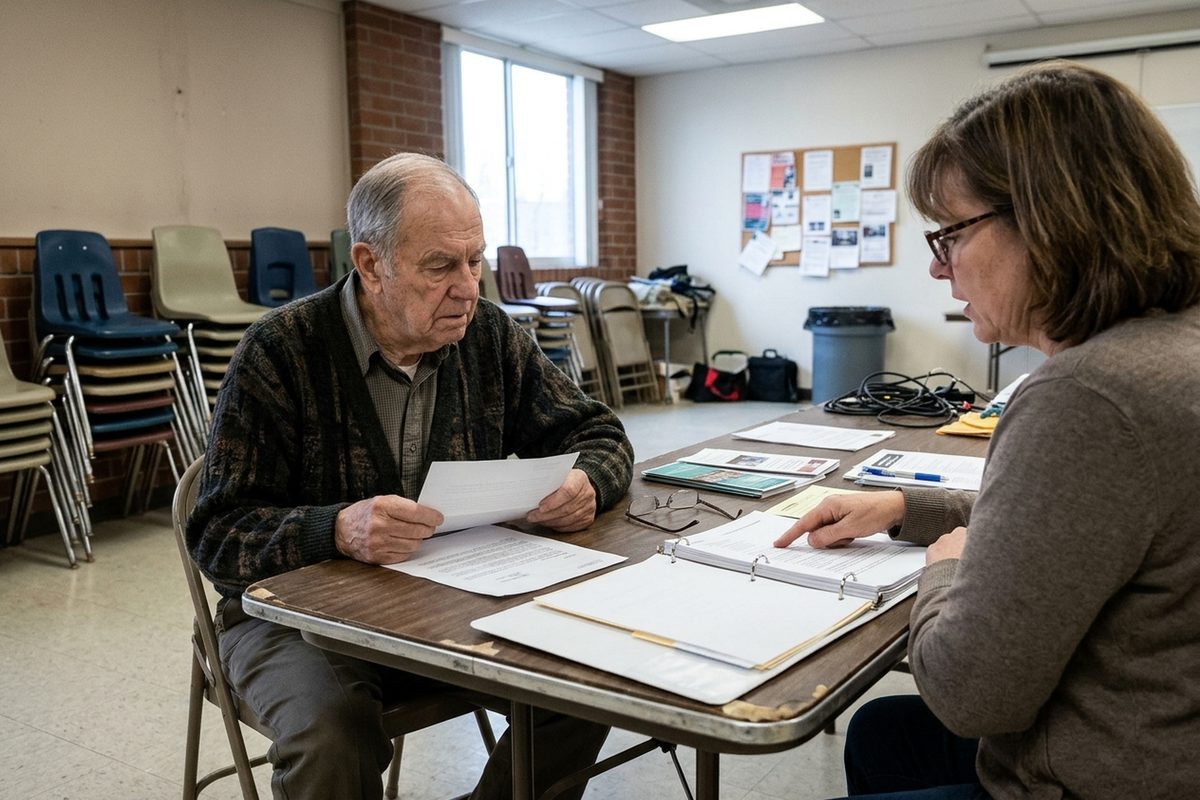 An older man and a volunteer Medicare counselor go over plan options together at a table in a Pasadena senior center.