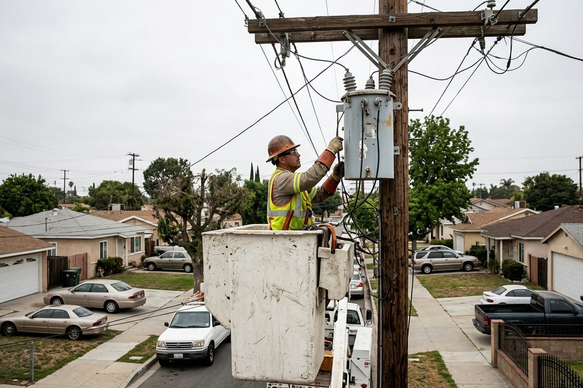 A lineworker in a bucket truck works on a transformer at the top of a wooden power pole over a quiet residential street on an overcast morning.
