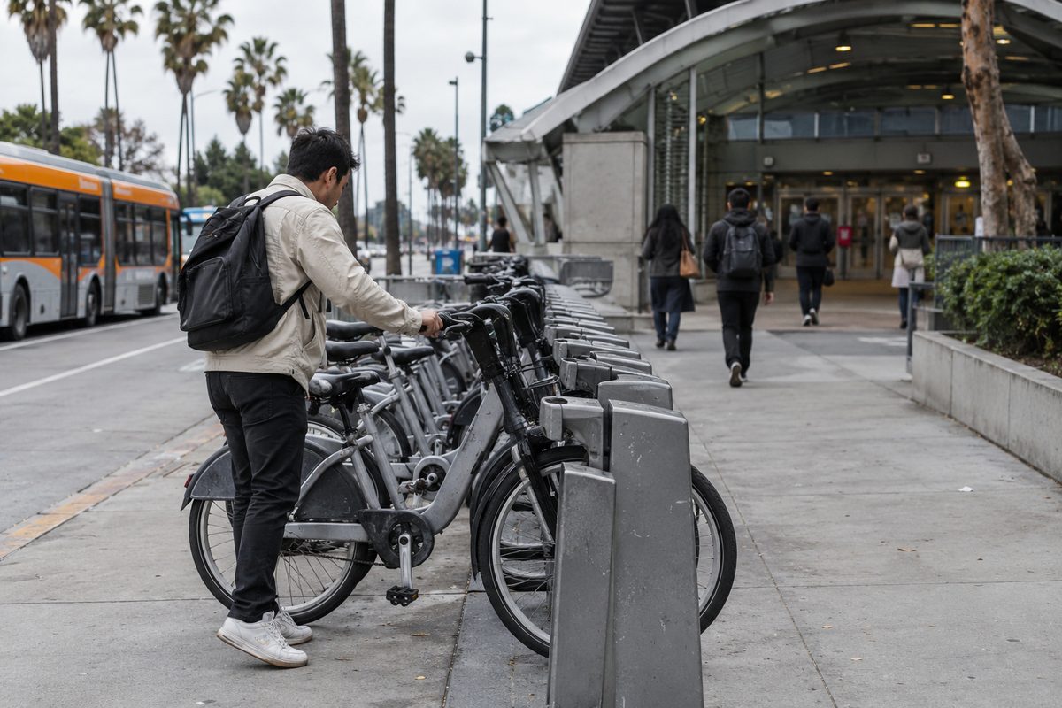 A commuter in profile lifts a bike from a bike-share dock beside a Metro station entrance on Wilshire Boulevard on a gray morning.