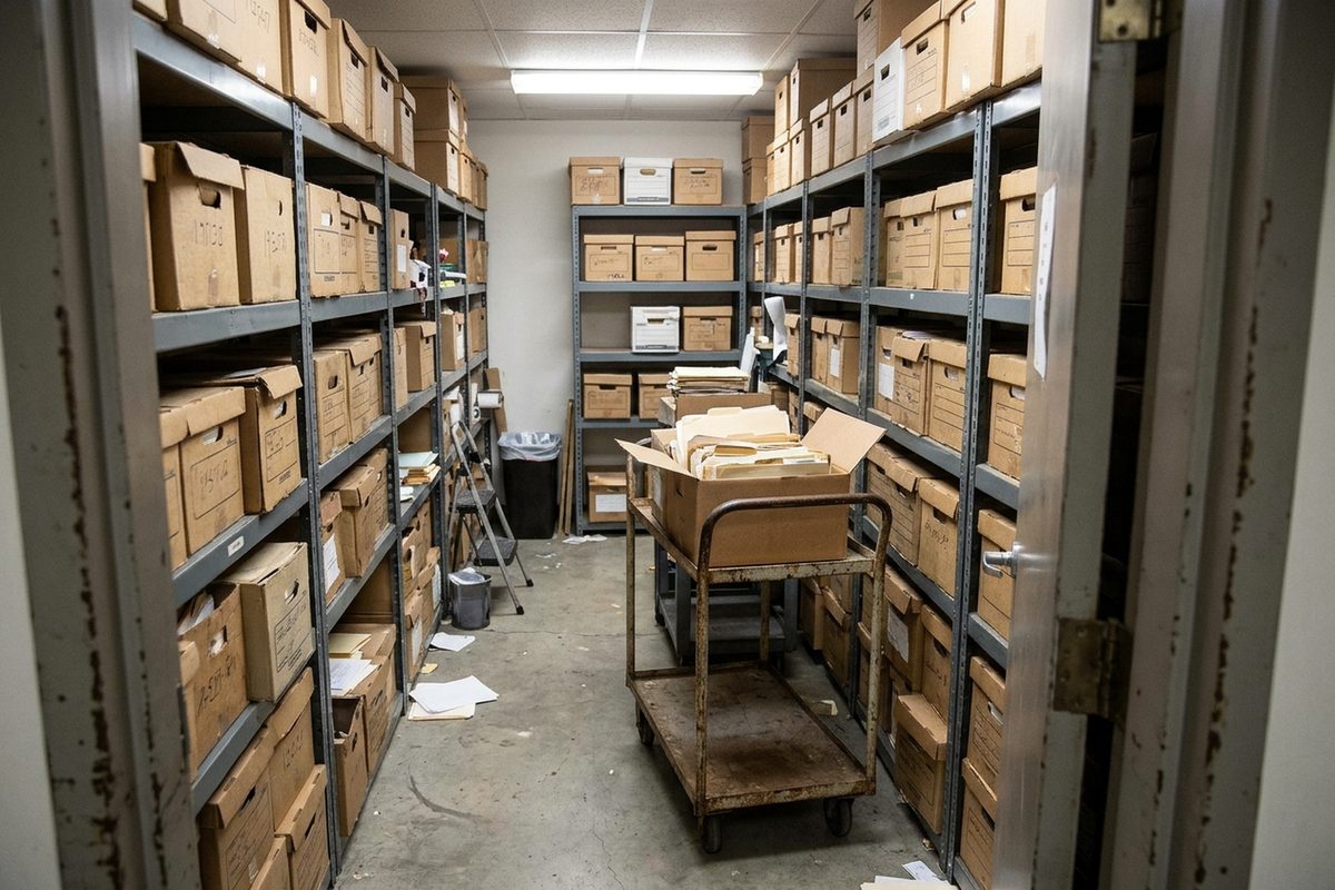 File boxes on metal shelving in the records room of a county office.