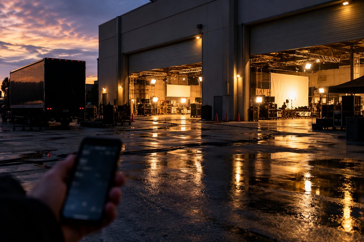 A television soundstage exterior at dusk, loading doors open with warm light spilling onto asphalt, a phone held up in the foreground.