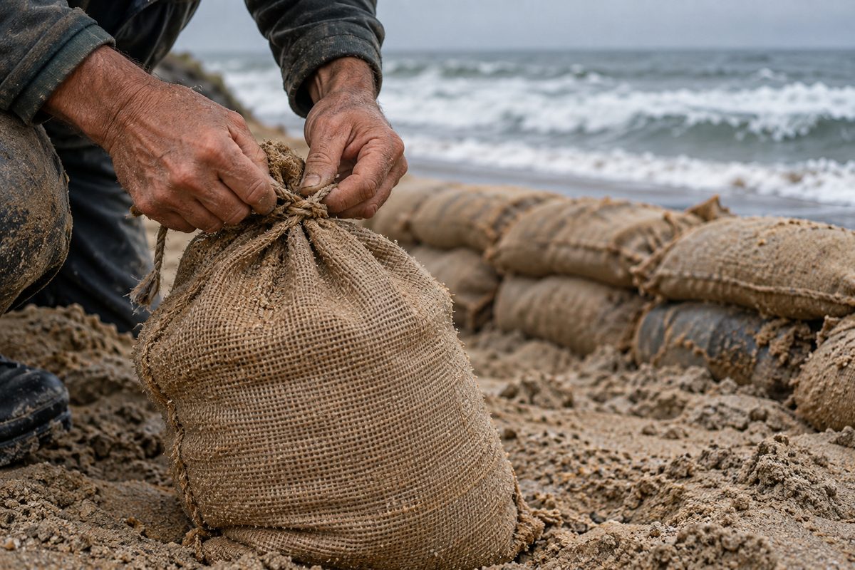 Close-up of hands tying off a filled sandbag on wet sand under a gray morning sky, with surf blurred in the background.