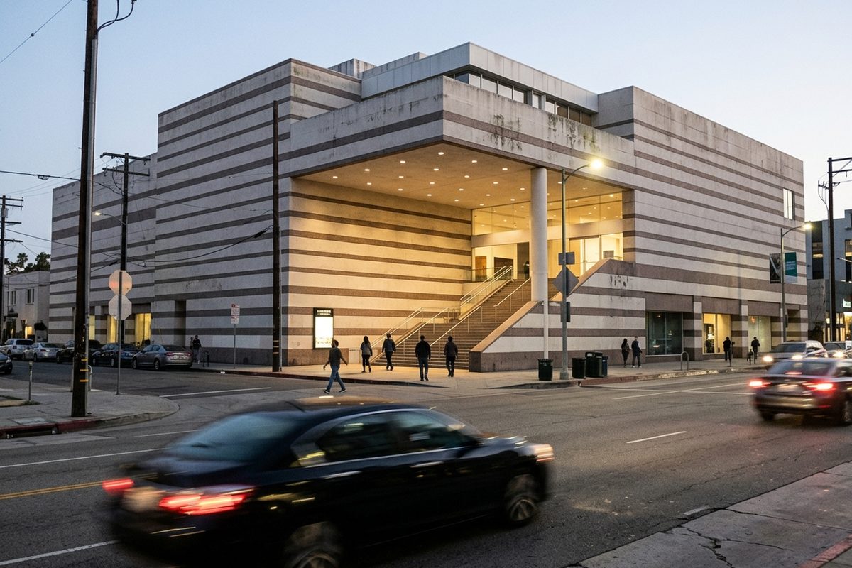 Museumgoers walk toward the Hammer Museum entrance on Wilshire Boulevard in Westwood at dusk, seen from across the street.