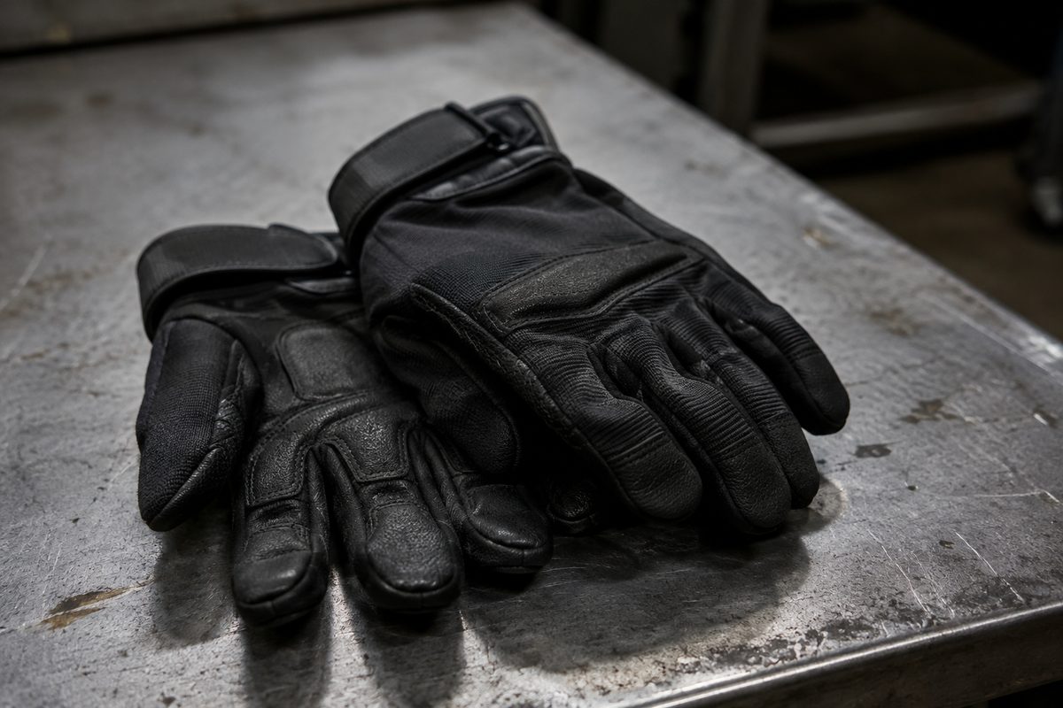 Close-up of a pair of unmarked black tactical gloves resting on a plain surface, illustrating ICE plans to buy electric shock gloves.