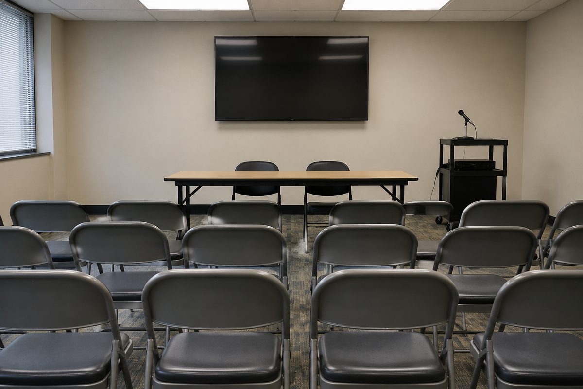 An empty room with rows of folding chairs facing a plain table and a dark wall-mounted monitor under fluorescent ceiling light.