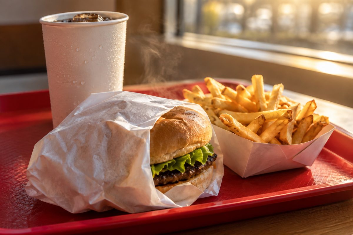 A paper-wrapped burger and a carton of fries on a plastic tray, lit by warm window light.
