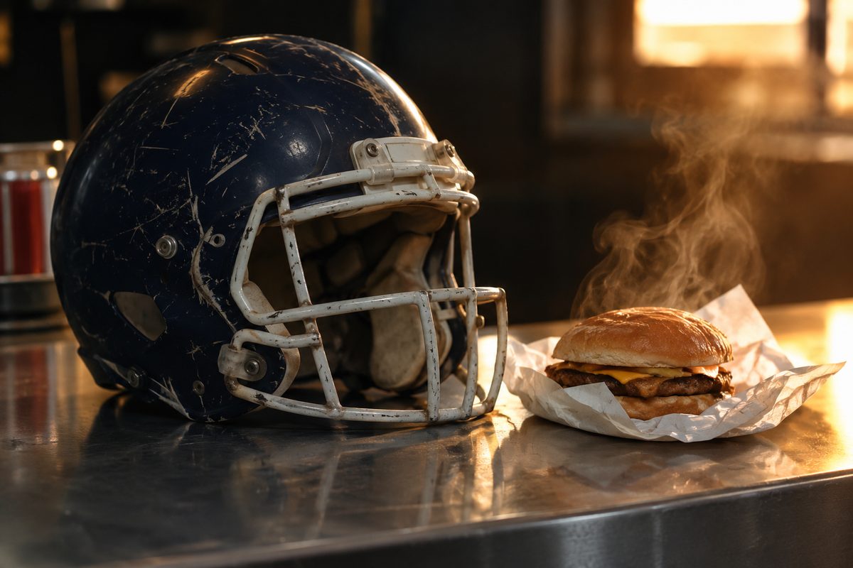 A football helmet resting on a stainless steel fast-food counter beside a paper-wrapped burger, lit from behind.