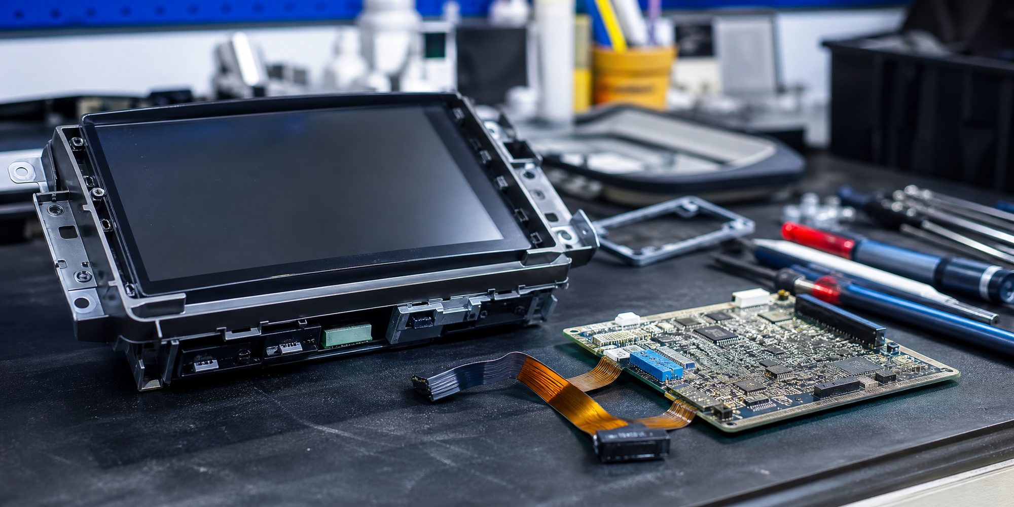 Photo illustration: Close-up of a disassembled aftermarket car dashboard touchscreen on a repair bench, ribbon cables and a bare circuit board beside it under fluorescent light, close macro, no people