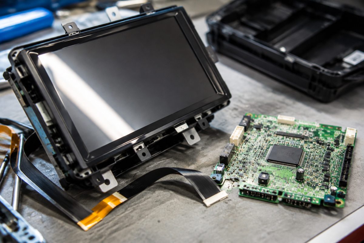 Photo illustration: Close-up of a disassembled aftermarket car dashboard touchscreen on a repair bench, ribbon cables and a bare circuit board beside it under fluorescent light, close macro, no people