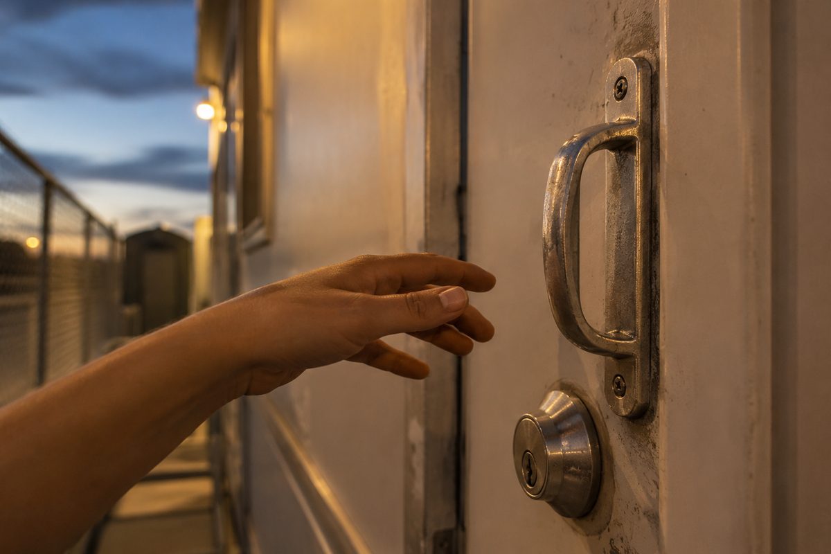 Close-up of a worn aluminum handle and keyed lock on a portable classroom door, a hand reaching for it, chain-link fence blurred behind.