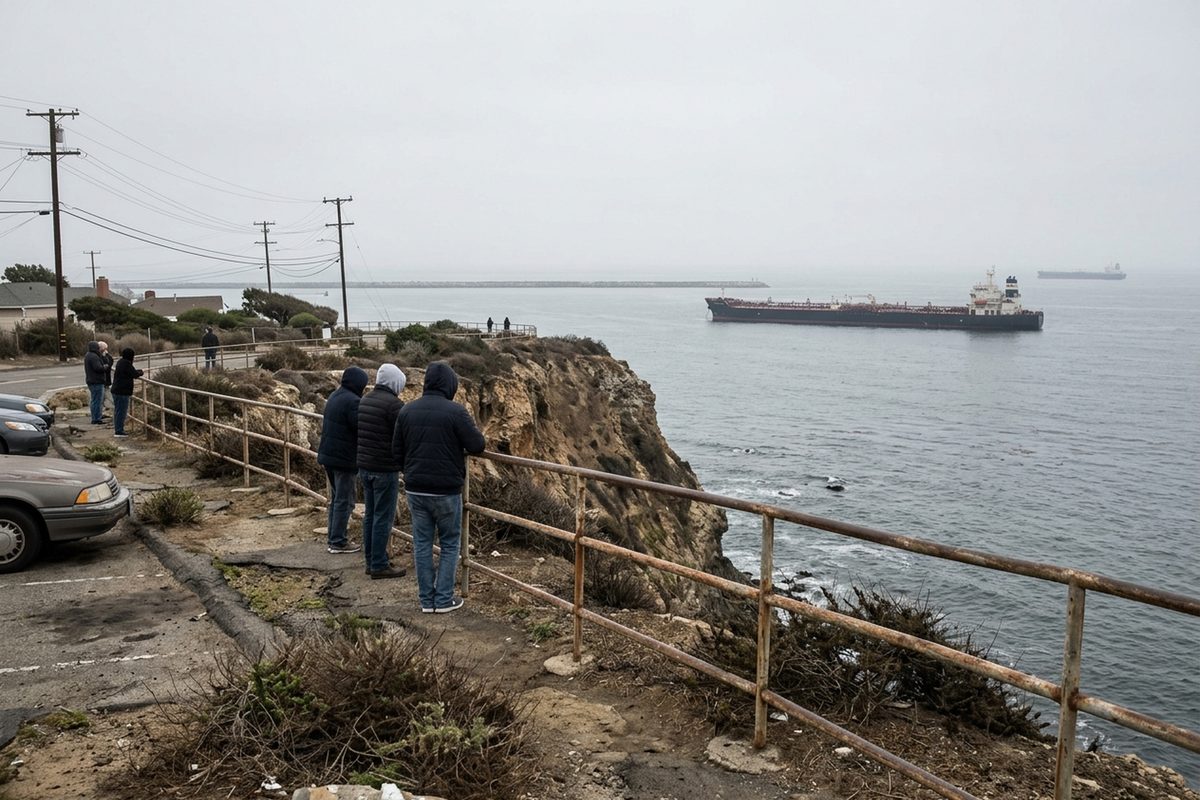 A crude oil tanker sits at anchor on gray water beyond the San Pedro breakwater under an overcast sky, a reminder of the Strait of Hormuz tanker attacks pushing up oil prices.