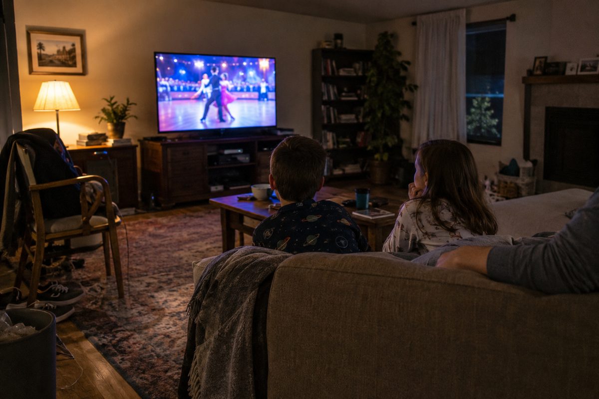 Two children in pajamas on a couch in a lamplit Los Angeles living room, watching a dance competition show on TV, seen from behind.