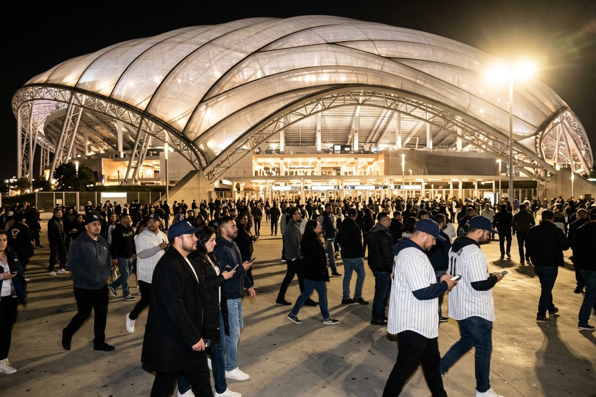 Concertgoers in jackets and Yankees caps walk toward the lit entrance of SoFi Stadium in Inglewood at night.