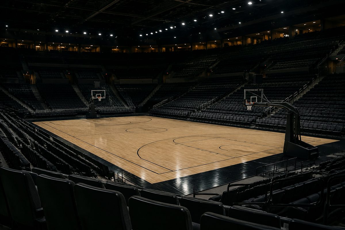 Photo illustration: an empty professional basketball arena, rows of empty seats and polished hardwood under dimmed lights, no people, no logos or team markings