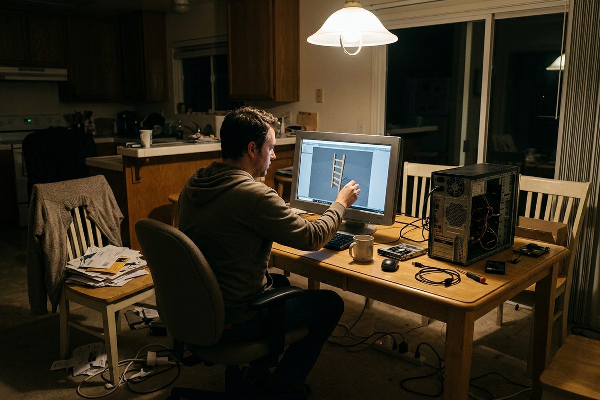Over-the-shoulder view of a game developer at a desk set up on a dining room table at night, a 3D editor showing a wooden ladder model on the monitor, an open PC tower nearby.