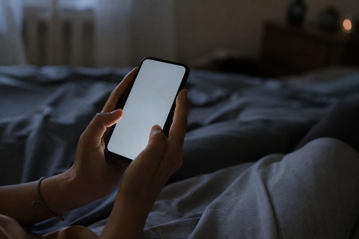 A teenager's hands holding a smartphone in a dim room, the screen lighting the fingers, face not visible.