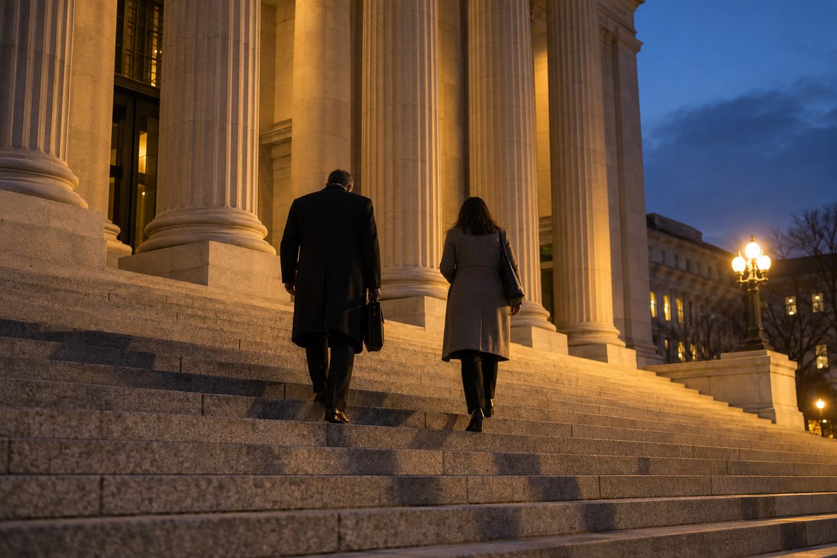Wide view of a federal courthouse's stone steps and columns at dusk, two unnamed figures in coats climbing them.