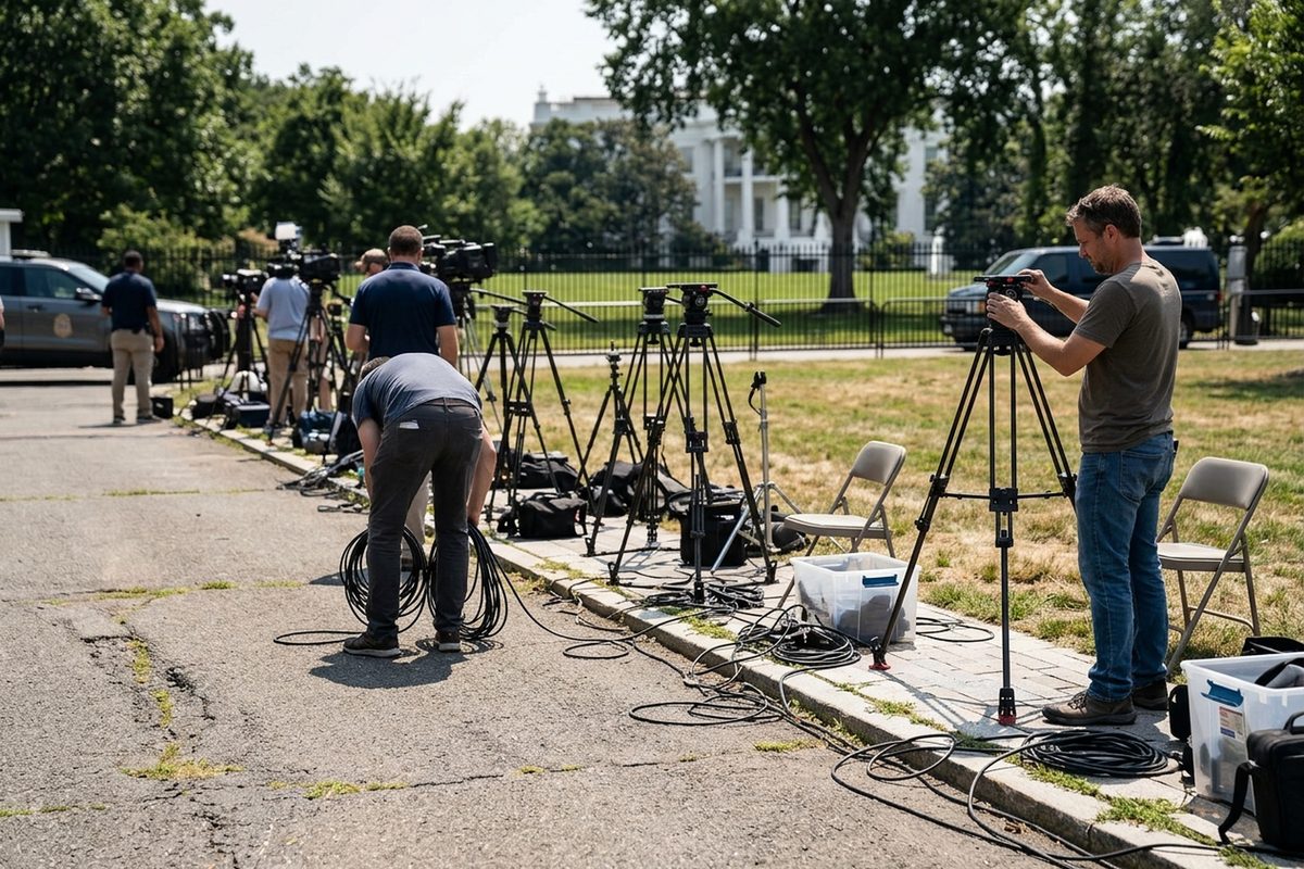 TV news crews set up cameras and tripods on the White House North Lawn under midday sun, with the building behind them.