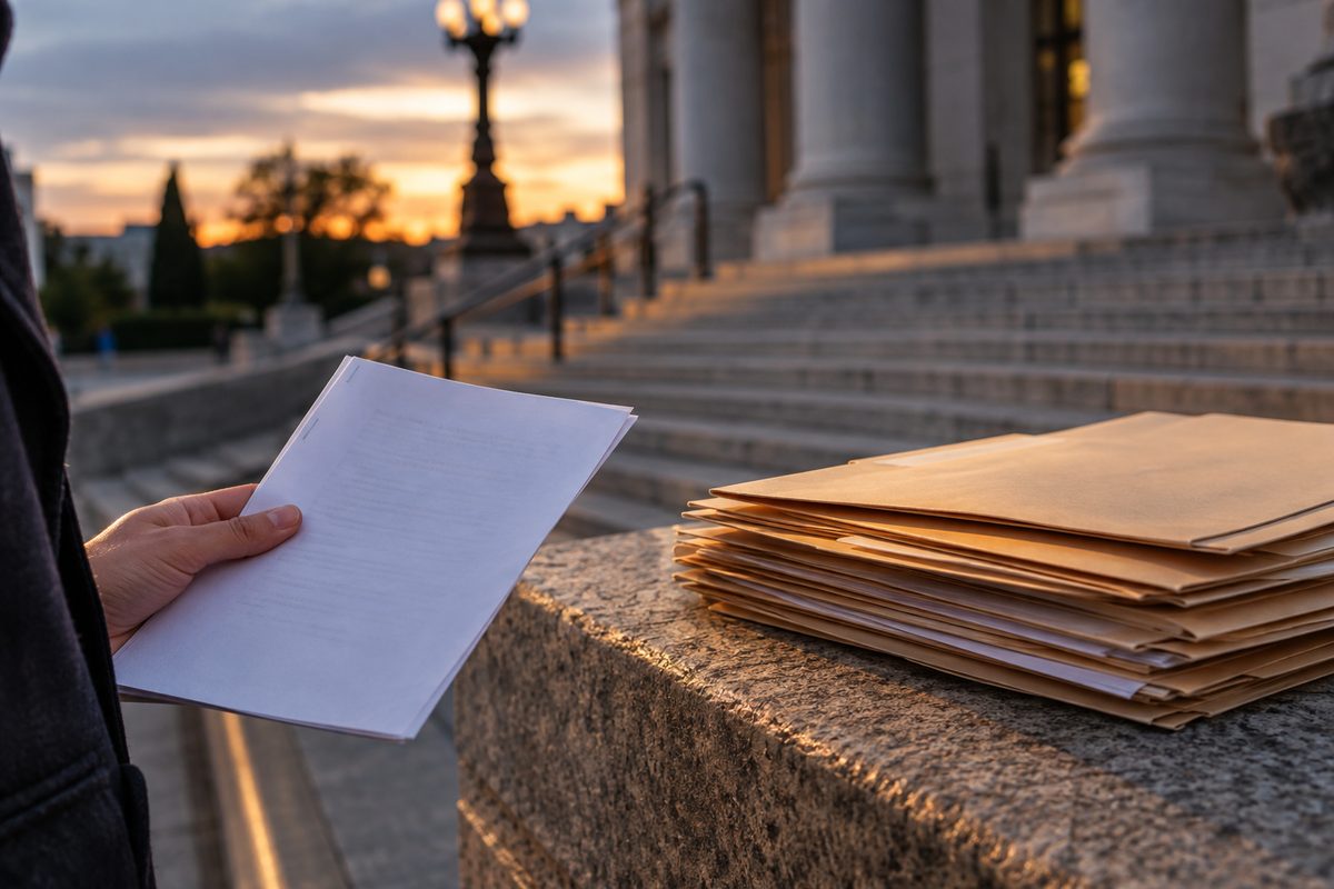 A hand holds a thin stapled letter beside a stack of manila folders on a stone ledge at dusk.