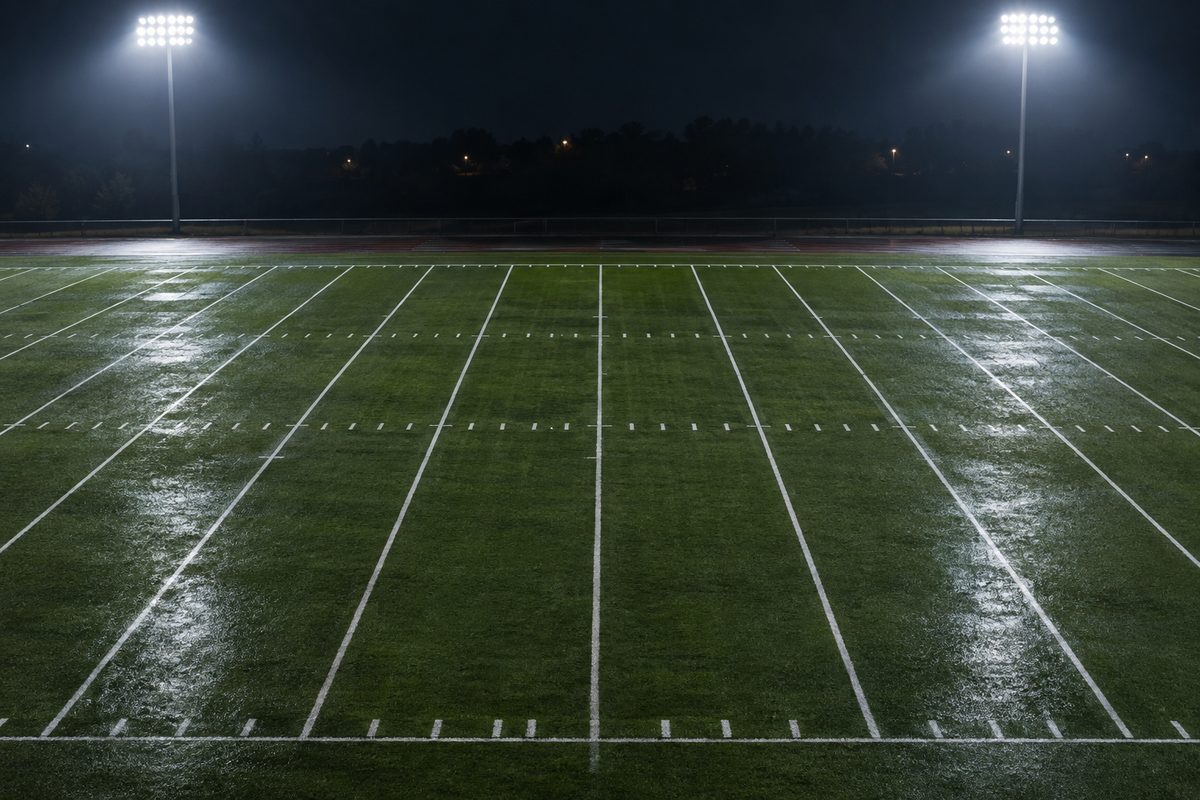 Overhead view of painted yard lines and hash marks on an empty football field at night under floodlights.
