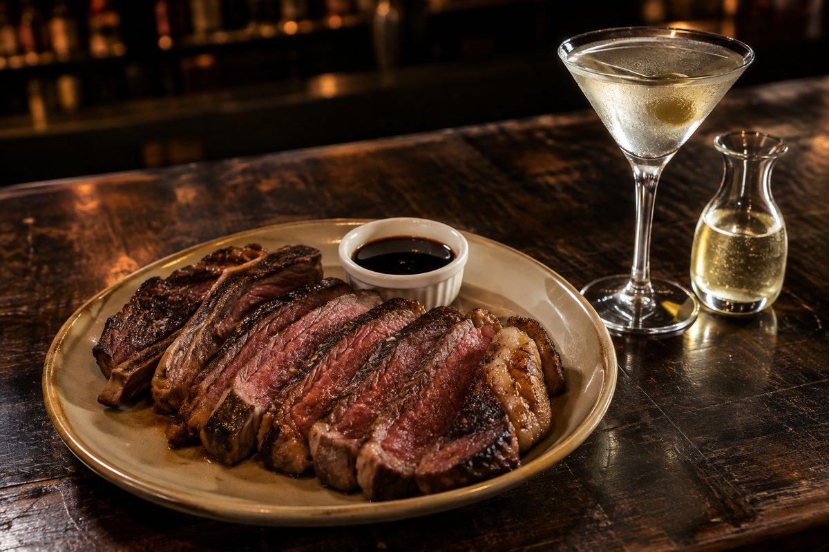 Overhead view of a sliced steak on a plate beside a ramekin of dark sauce and a martini glass on dark bar wood.