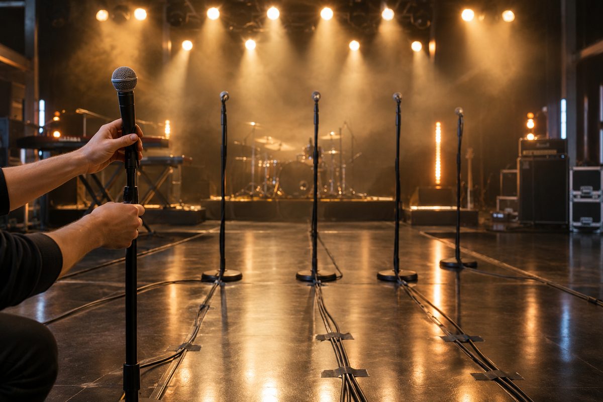 A row of microphones on stands in front of a dark stage, lit by warm tungsten lights, as a crew member's hands adjust one of them.