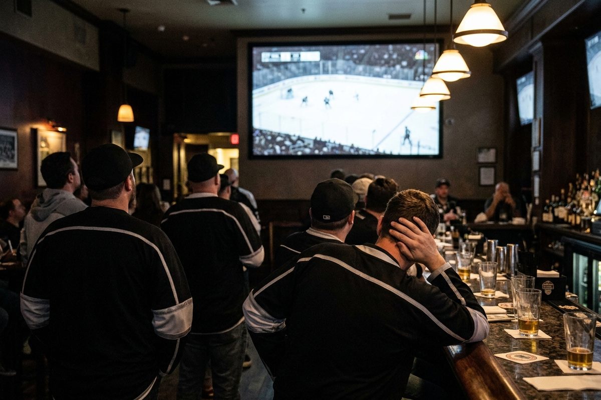 Los Angeles Kings fans in black and silver jerseys watch an NHL hockey game on a big screen inside a dim Downtown L.A. bar at night.