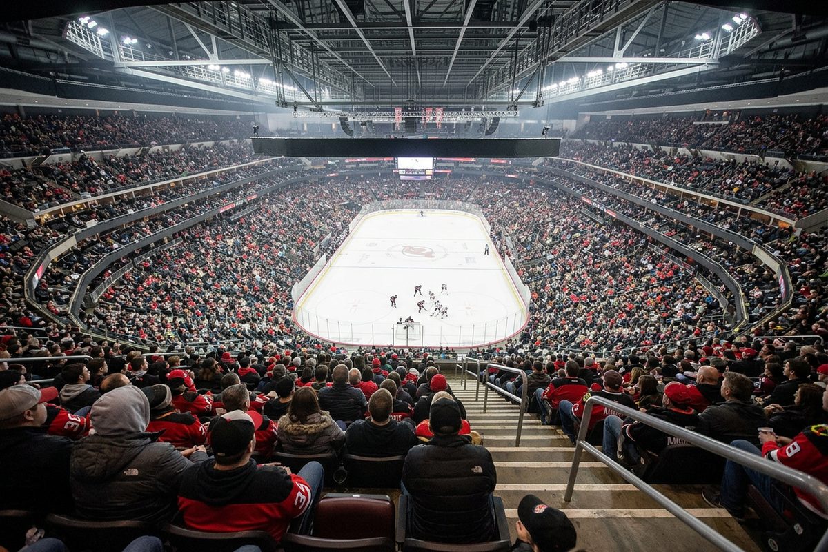 Hockey fans in red and black watch an NHL game from the upper bowl of Prudential Center in Newark, with players small on the ice below.