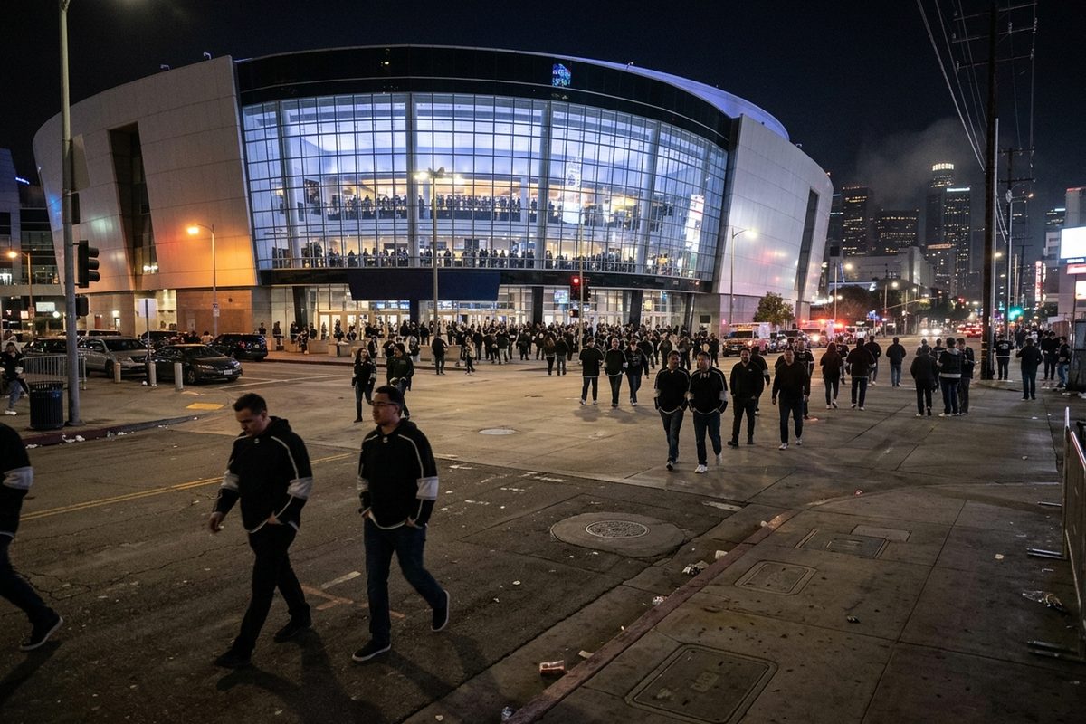 Hockey fans in black and silver walk out of an arena plaza at night.
