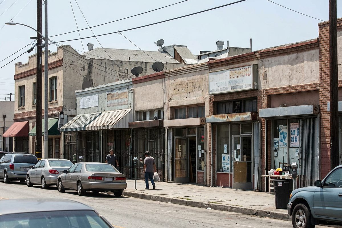 Small storefronts on a commercial block in Boyle Heights, Los Angeles, at midday, with a few people walking past. Businesses in this neighborhood could get Lineage fire relief grants.