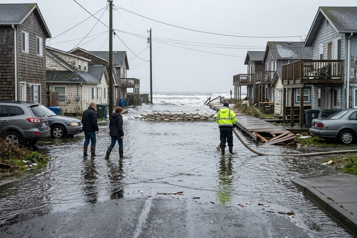 Ankle-deep seawater covers a narrow side street beside the Long Beach Peninsula boardwalk while waves break beyond a damaged wooden bulkhead.