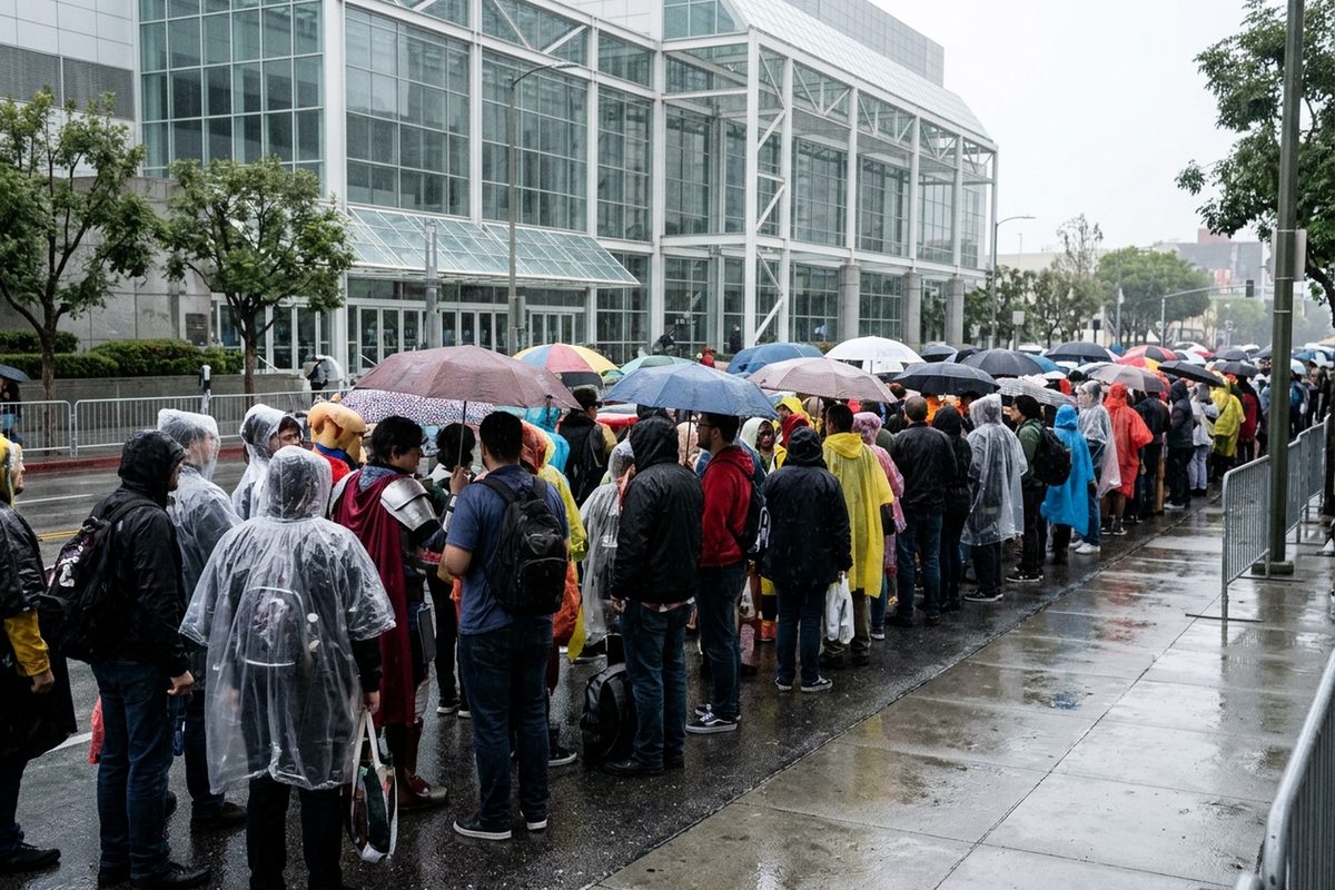 Costumed fans with umbrellas wait in line outside the Los Angeles Convention Center for L.A. Comic Con on an overcast morning.