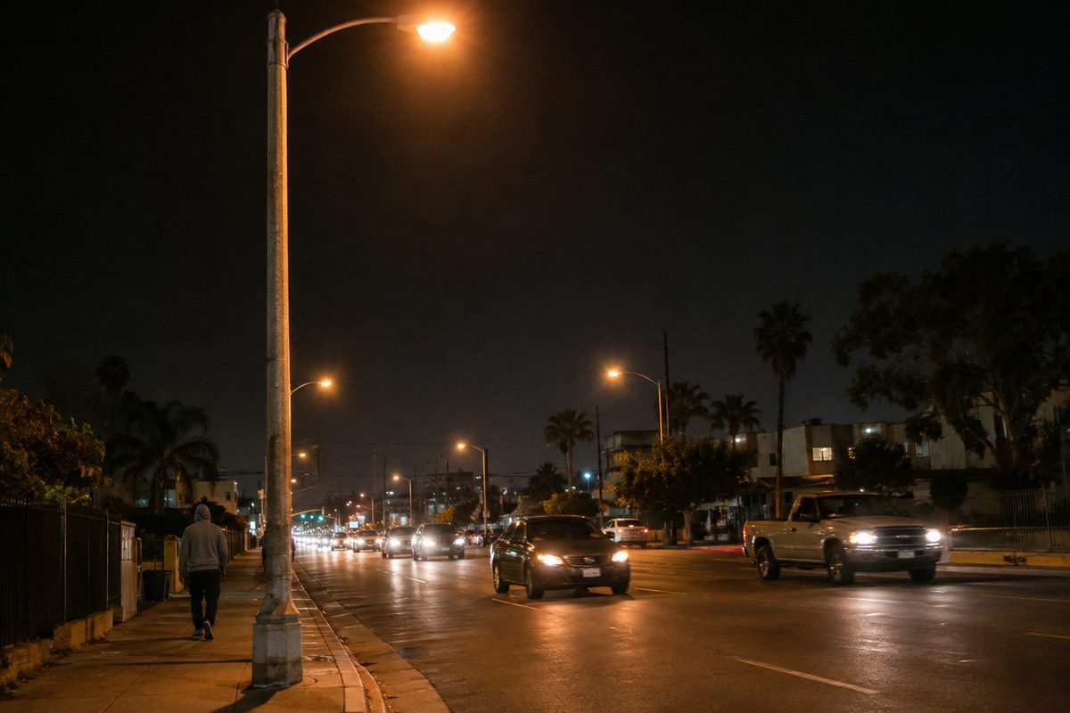 Concrete streetlight poles glowing orange over cars on Figueroa Street in Los Angeles at night, where the LAPD has used license plate readers