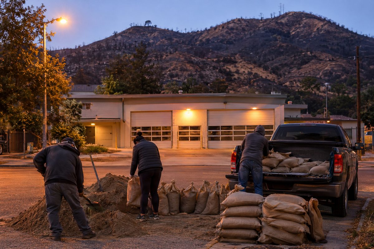 Residents fill sandbags under streetlights outside a fire station in Altadena, with burned San Gabriel foothills behind them at dusk.