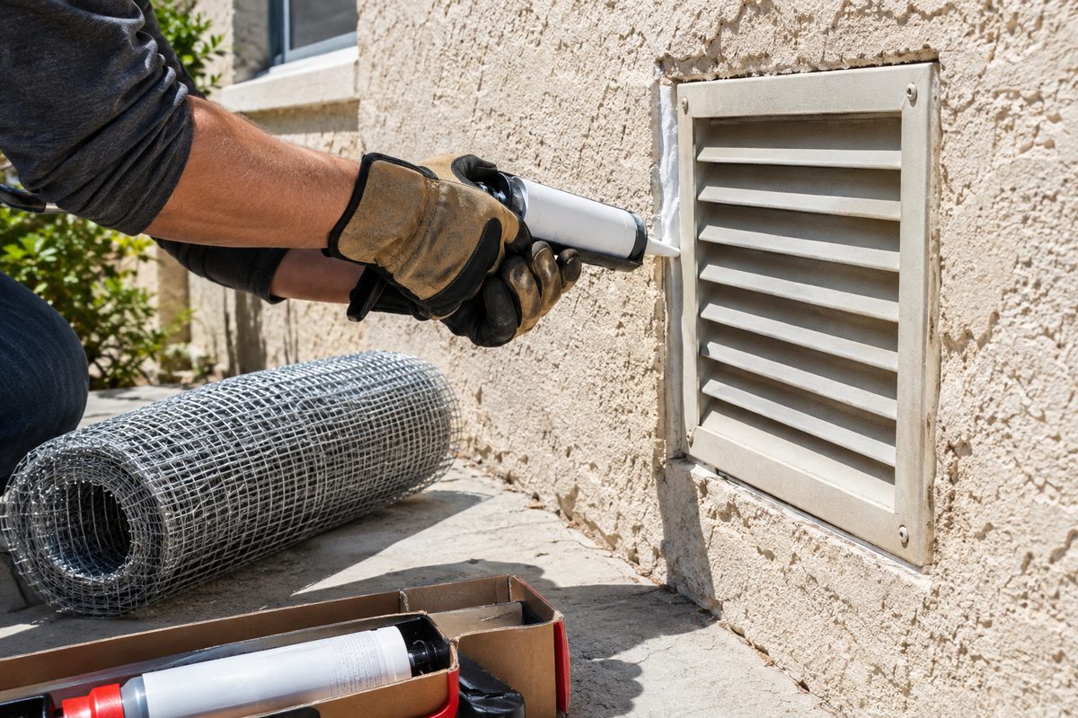 Hands pressing caulk into a small gap beside a vent on a stucco house wall, with a roll of wire mesh on the ground.