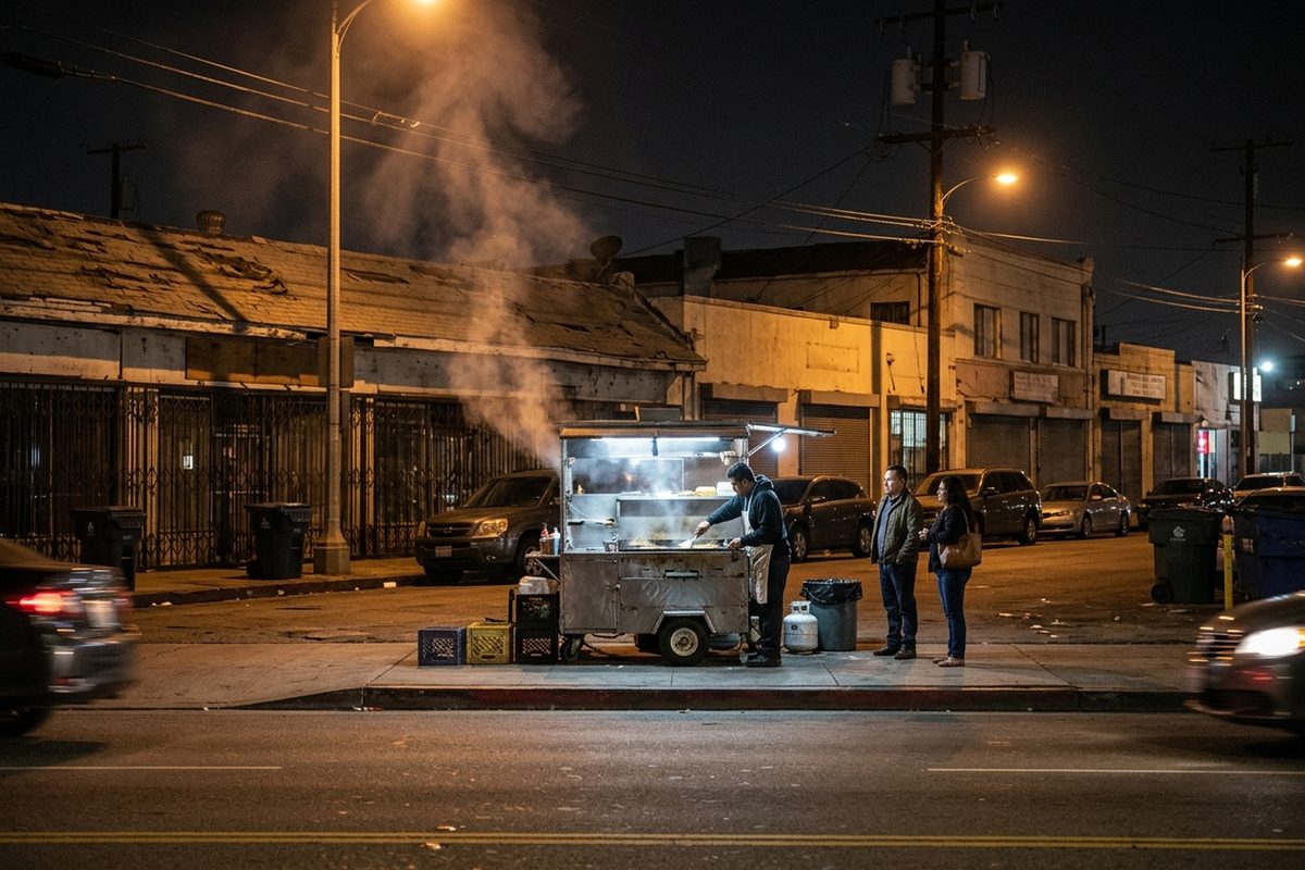 A street vendor's food cart with a lit griddle on a sidewalk in unincorporated East Los Angeles at night, under orange streetlights.